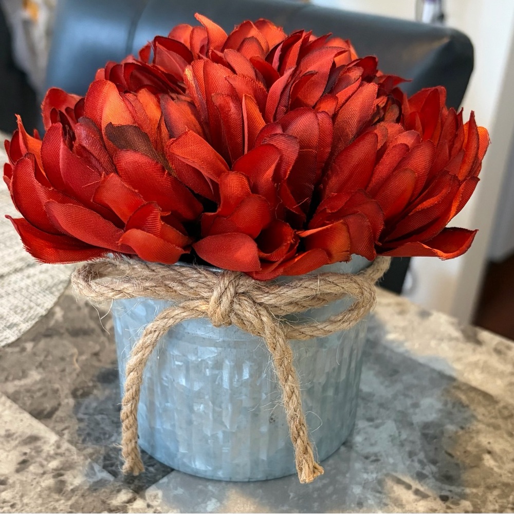 Rustic Red Floral Arrangement in silver Tin Pot